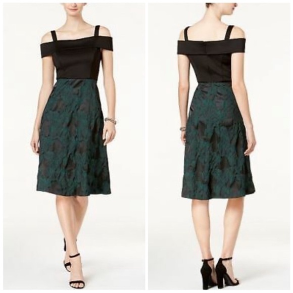 Donna Ricco Off The Shoulder Satin Jacquard Fit & Flare Dress in Emerald - Picture 2 of 3